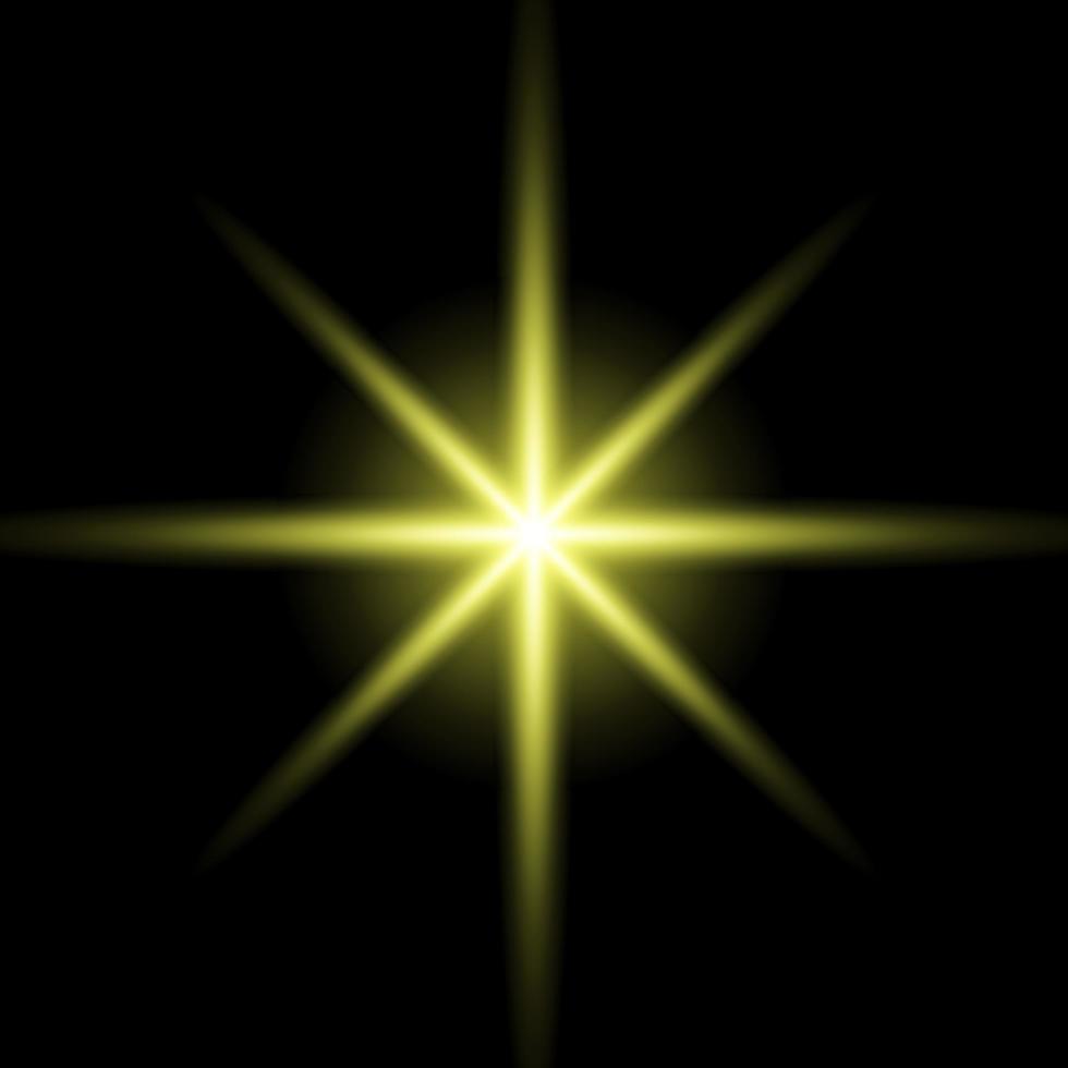 Gold glowing star. Realistic sun rays. Yellow sun ray glow abstract shine light effect. Yellow energy flash. Special lens flare light effect. Vector illustration