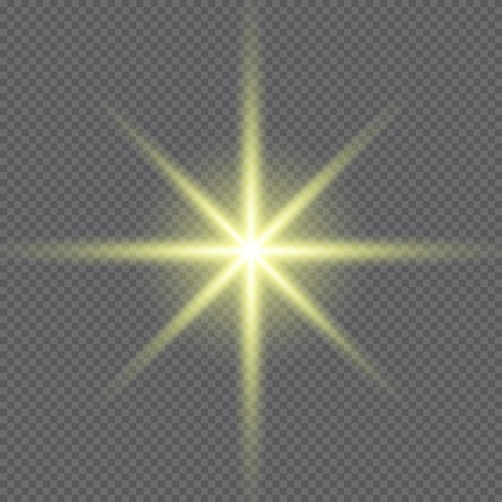 Gold glowing star. Realistic sun rays. Yellow sun ray glow abstract shine light effect. Yellow energy flash. Special lens flare light effect. Vector illustration