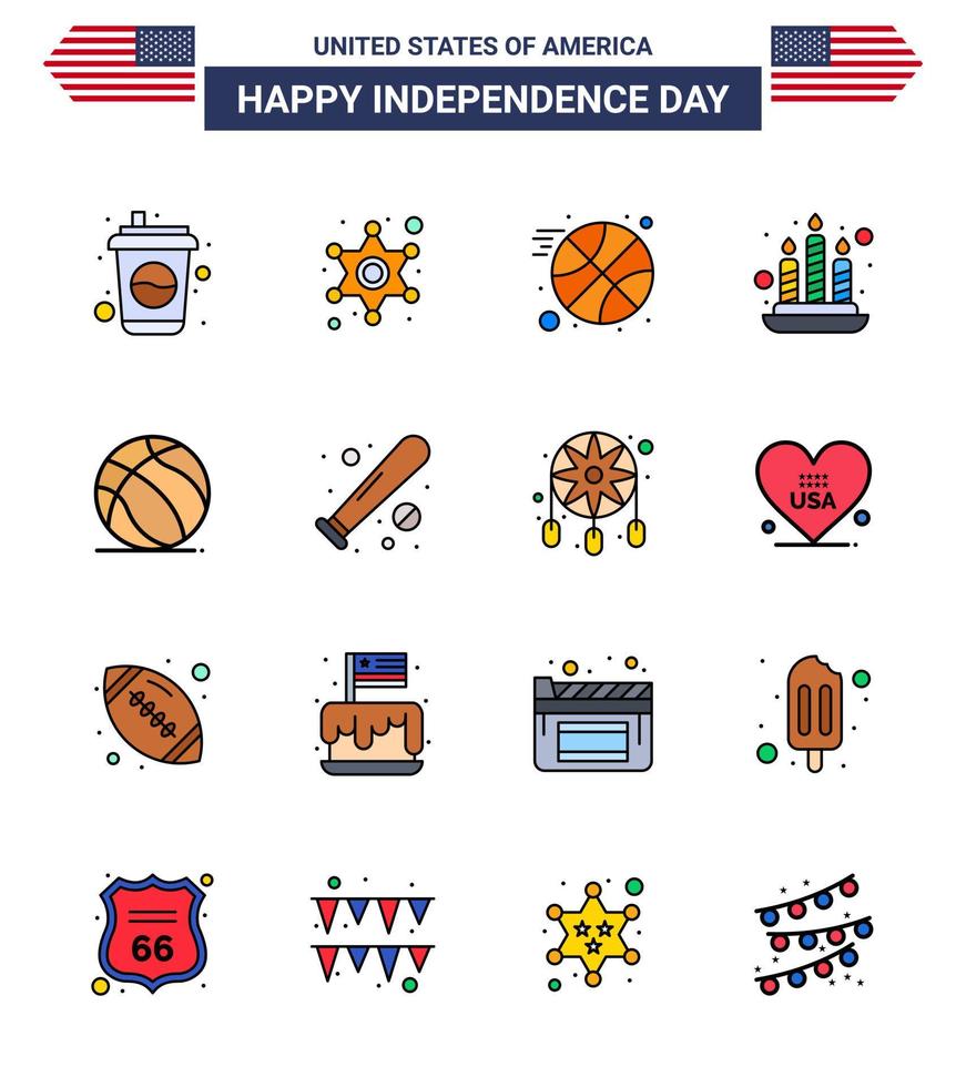 Set of 16 Vector Flat Filled Lines on 4th July USA Independence Day such as usa ball basketball football fire Editable USA Day Vector Design Elements