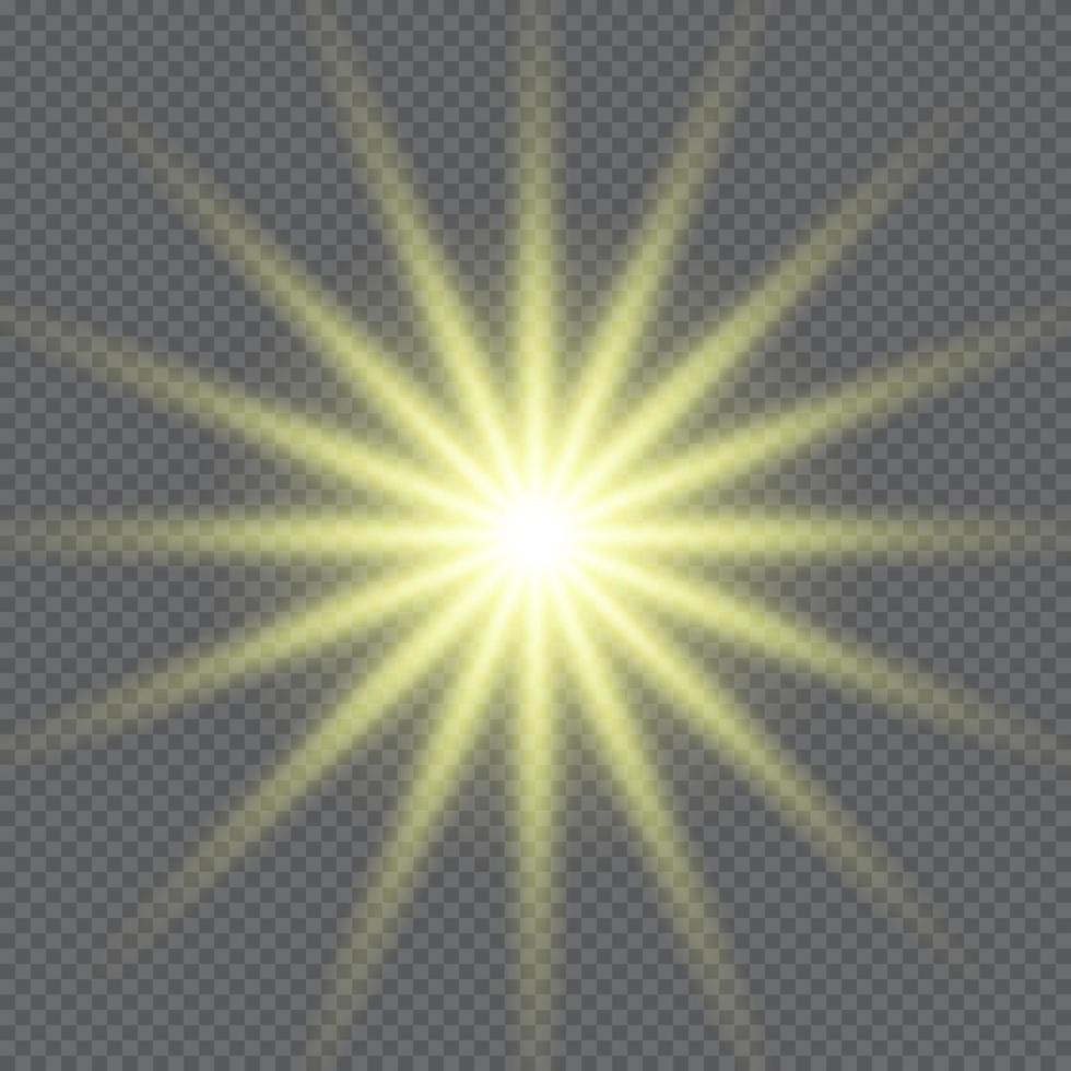 Gold glowing star. Realistic sun rays. Yellow sun ray glow abstract shine light effect. Yellow energy flash. Special lens flare light effect. Vector illustration