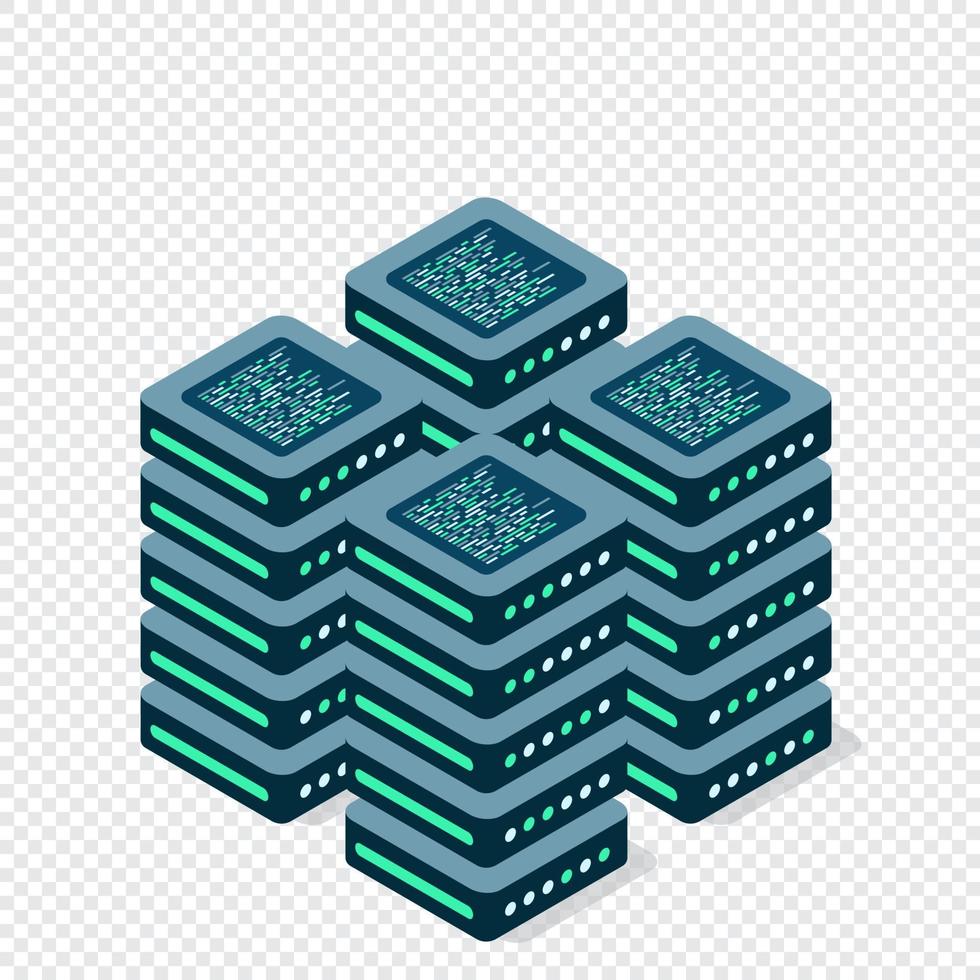 Isometric set server equipment. Computer storage or farming workstation. Datacenter storage room objects. Blockchain server concept. Vector illustration