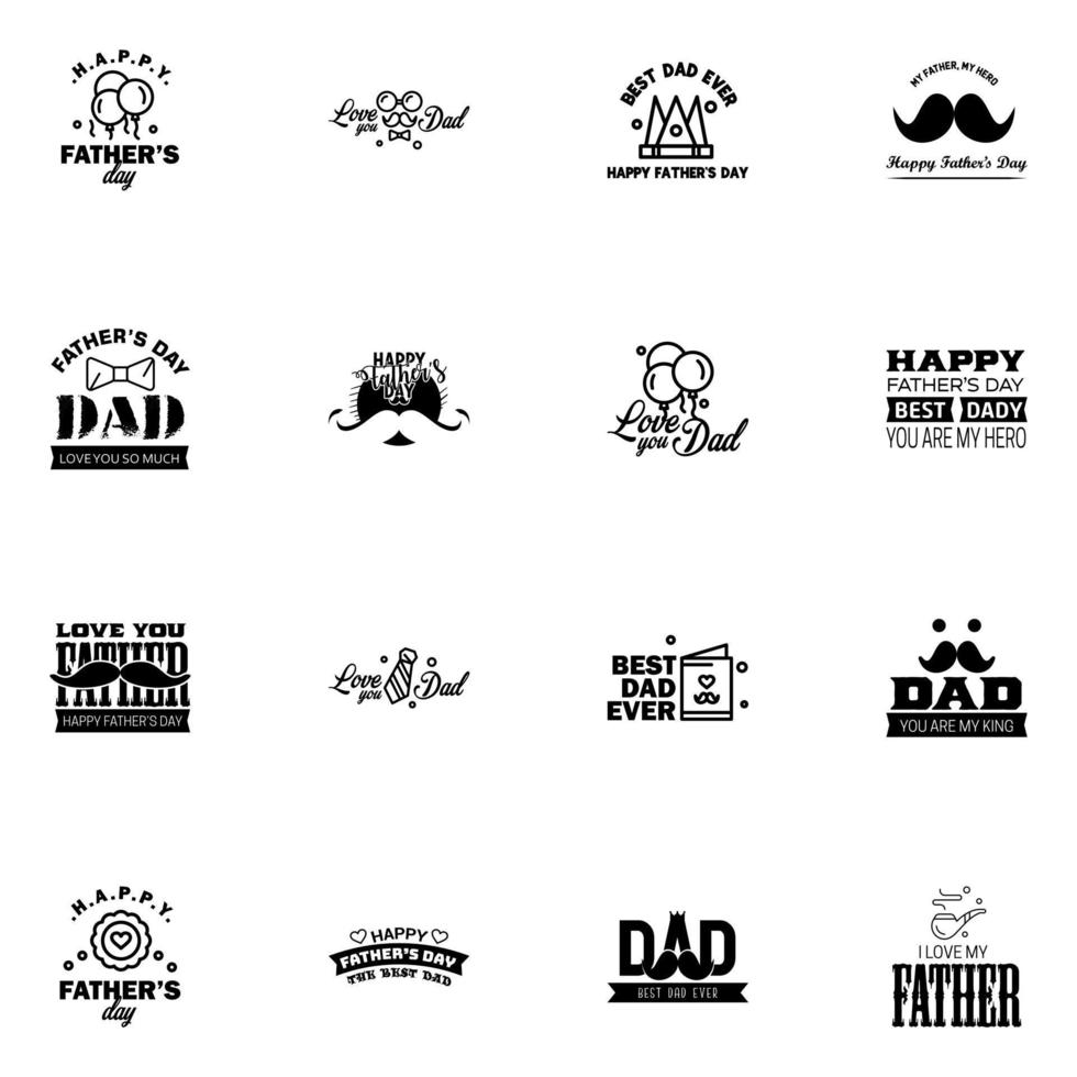 letras del día del padre 16 emblemas caligráficos negros insignias aisladas en azul oscuro feliz día del padre mejor papá te amo papá inscripción vector elementos de diseño para tarjetas de felicitación y otras impresiones