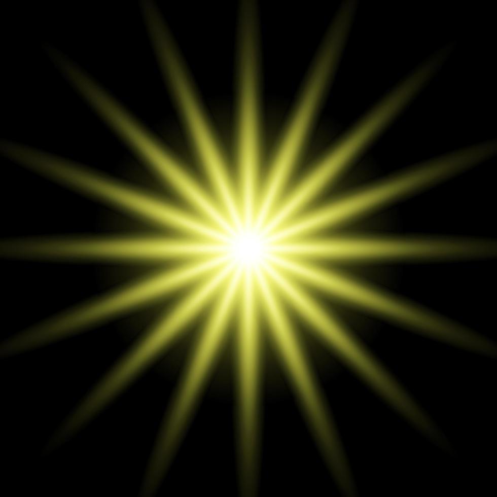 Gold glowing star. Realistic sun rays. Yellow sun ray glow abstract shine light effect. Yellow energy flash. Special lens flare light effect. Vector illustration