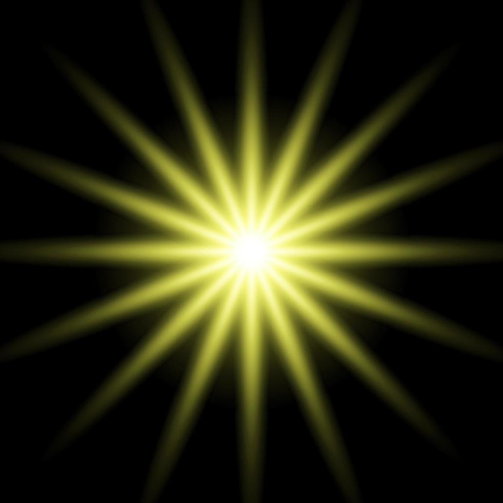 Gold glowing star. Realistic sun rays. Yellow sun ray glow abstract shine light effect. Yellow energy flash. Special lens flare light effect. Vector illustration