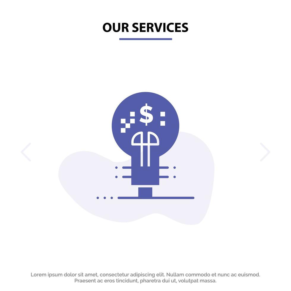 Our Services Innovation Finance Finance Idea January Solid Glyph Icon Web card Template vector
