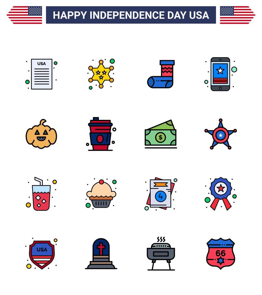 conjunto moderno de 16 líneas planas rellenas y símbolos en el día de la independencia de estados unidos, como el teléfono americano estrella móvil de navidad elementos de diseño vectorial editables del día de estados unidos vector