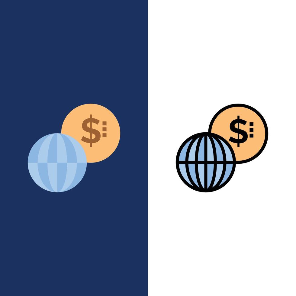 negocios mercados globales iconos modernos planos y llenos de línea conjunto de iconos vector fondo azul