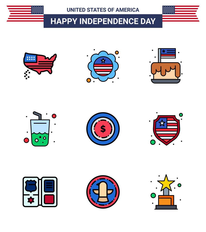 4th July USA Happy Independence Day Icon Symbols Group of 9 Modern Flat Filled Lines of american summer festival drink usa Editable USA Day Vector Design Elements