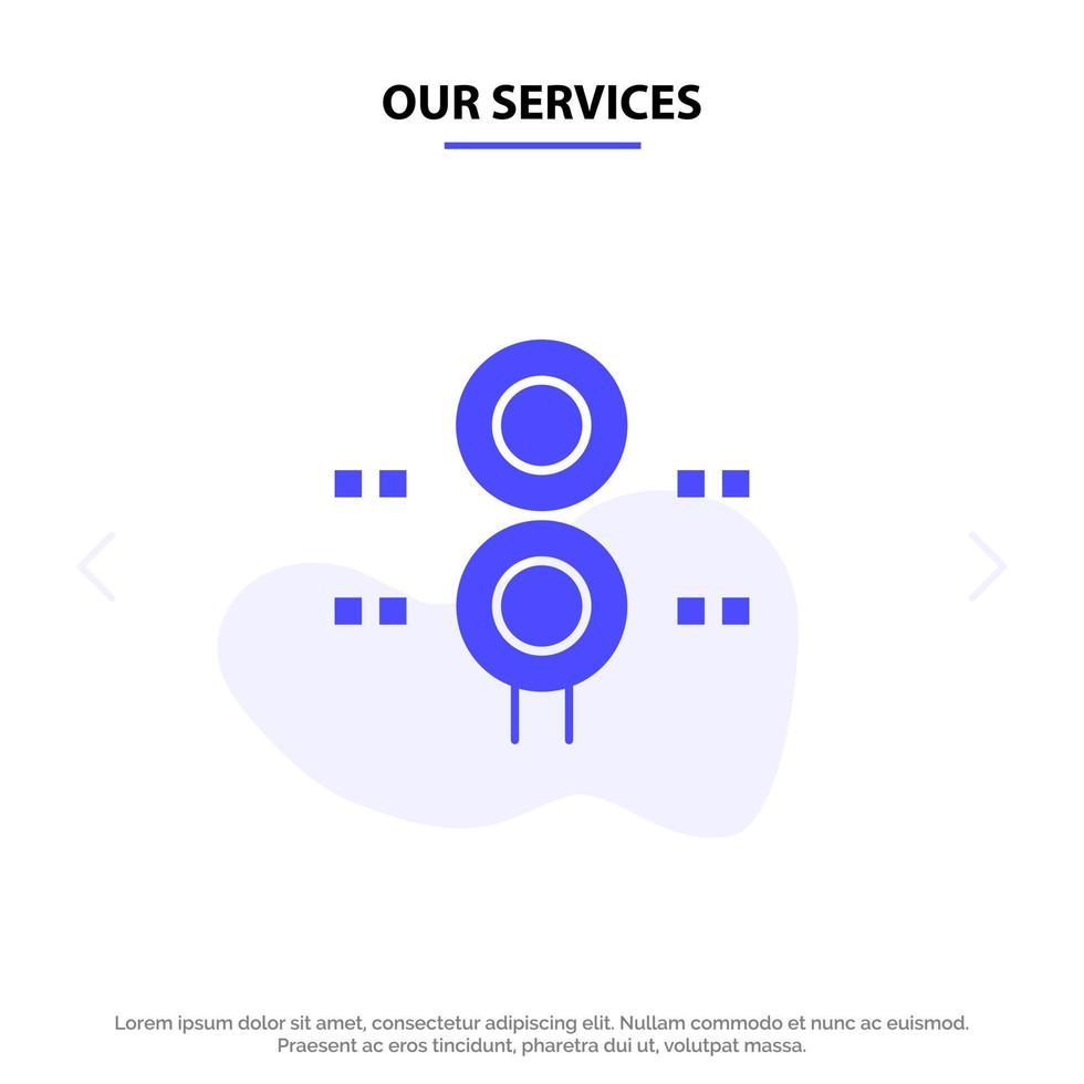 nuestros servicios firmar estación tráfico tren transporte sólido glifo icono plantilla de tarjeta web vector