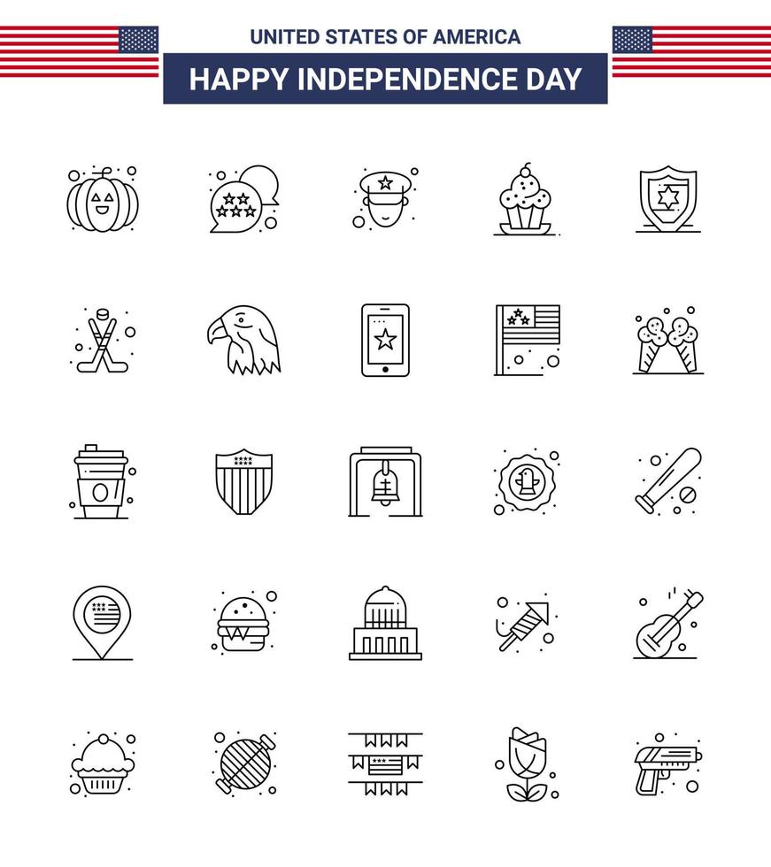 Pack of 25 creative USA Independence Day related Lines of shield american officer thanksgiving muffin Editable USA Day Vector Design Elements