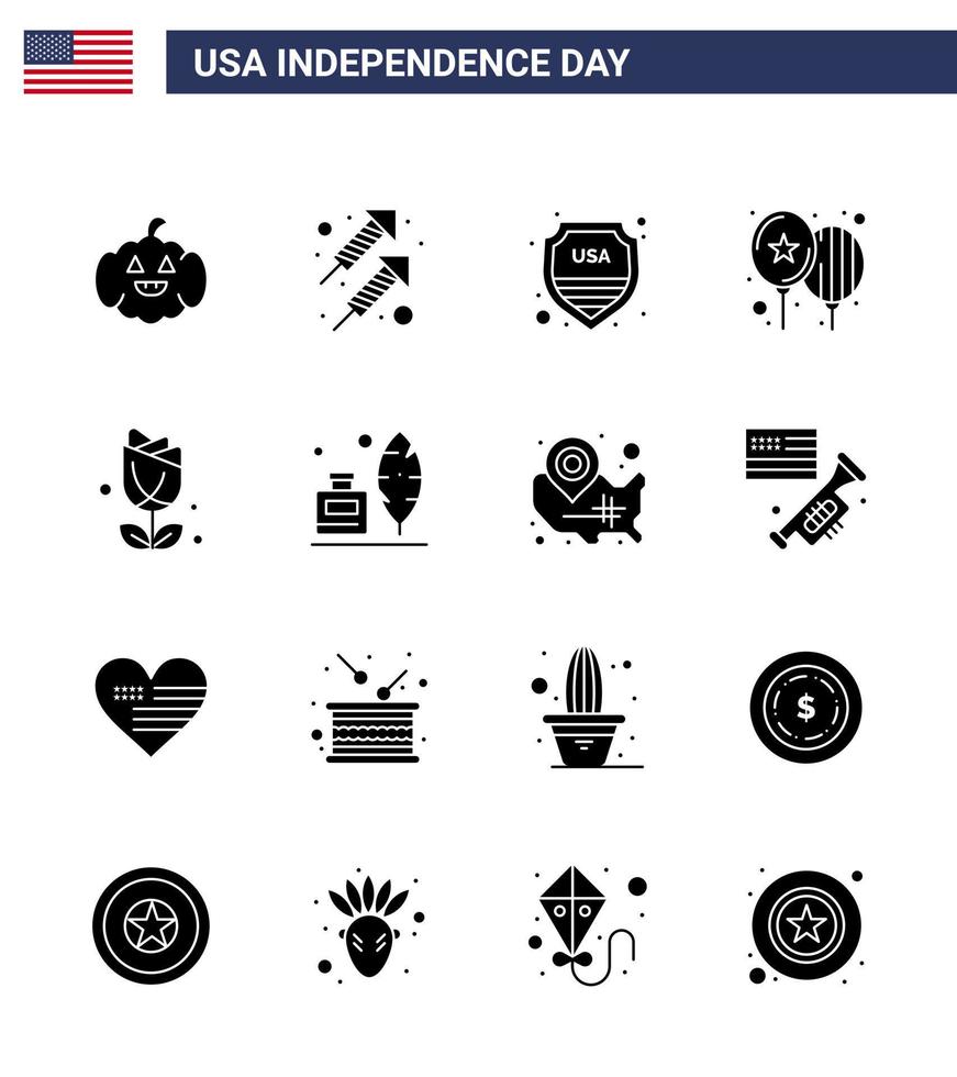 Group of 16 Solid Glyphs Set for Independence day of United States of America such as usa flower shield party celebrate Editable USA Day Vector Design Elements