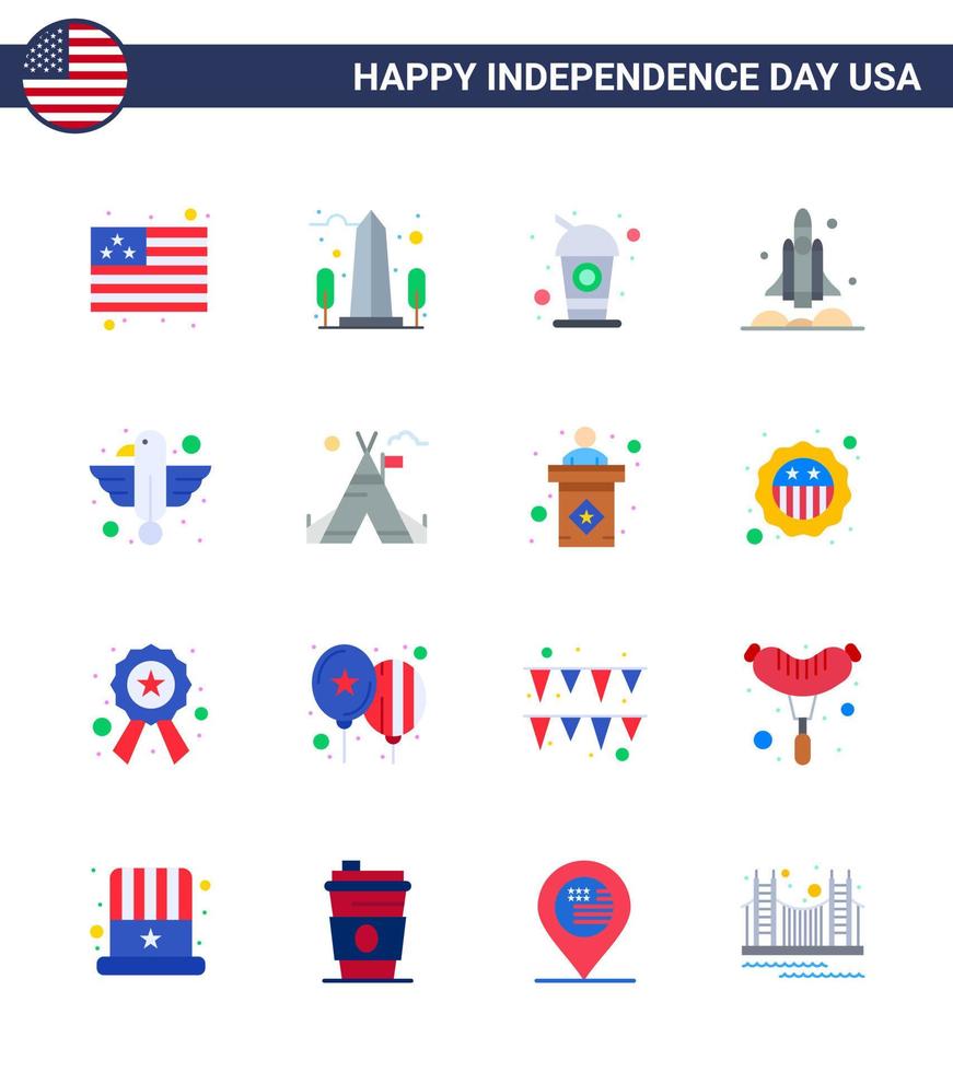 Flat Pack of 16 USA Independence Day Symbols of american transport bottle spaceship launcher Editable USA Day Vector Design Elements