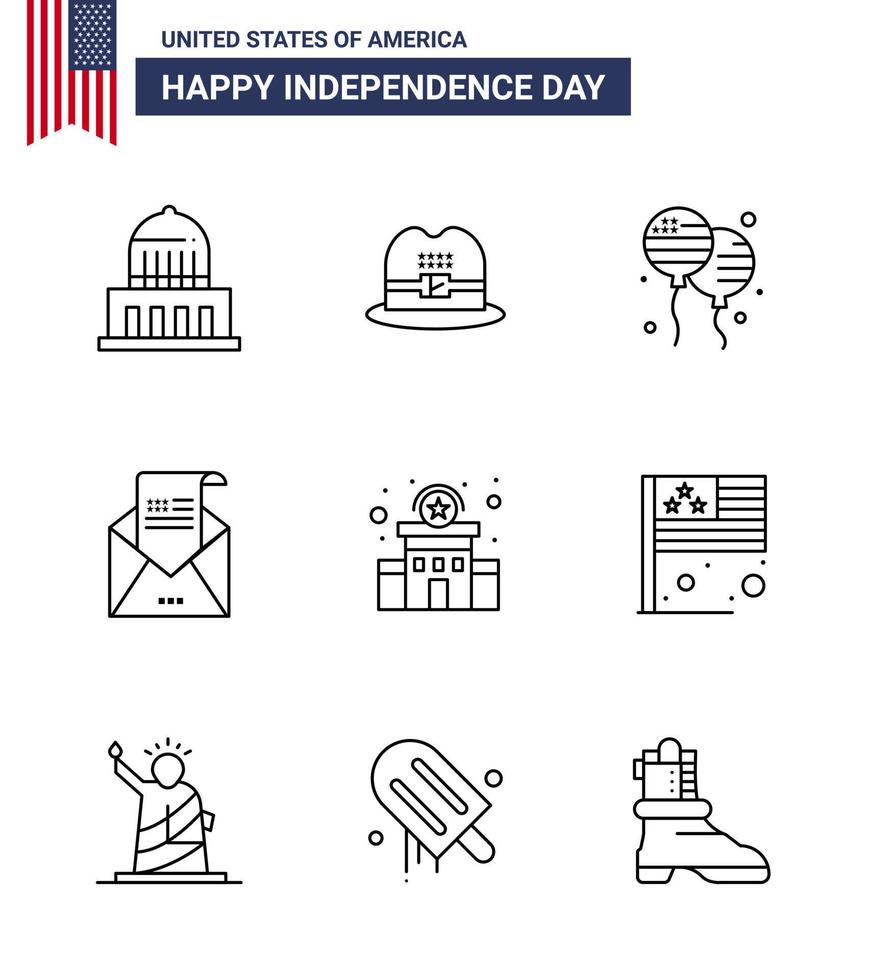 conjunto de 9 iconos del día de los ee.uu. símbolos americanos signos del día de la independencia para los bloons de correo de la policía sobre de invitación editable elementos de diseño del vector del día de los ee.uu.