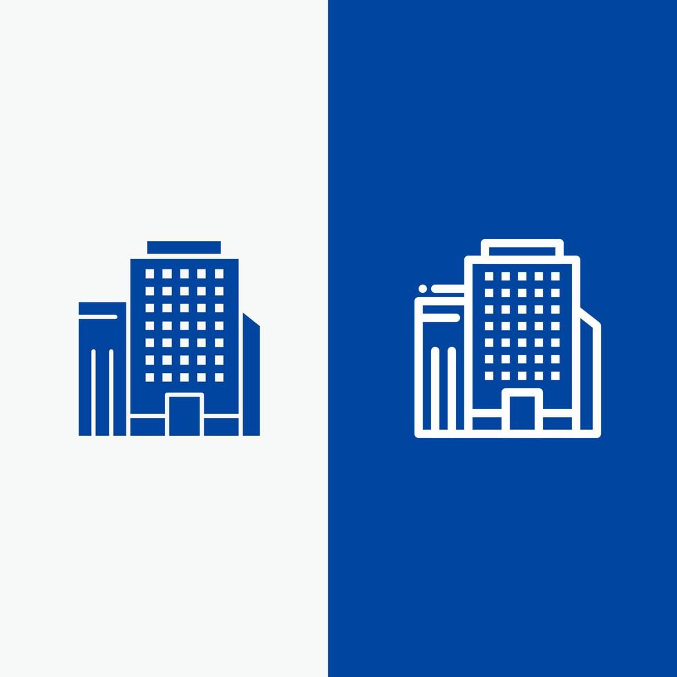 edificio de oficinas línea de trabajo y glifo icono sólido bandera azul línea y glifo icono sólido bandera azul vector