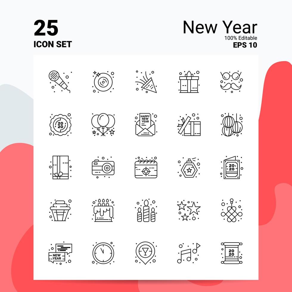 25 New Year Icon Set 100 Editable EPS 10 Files Business Logo Concept Ideas Line icon design vector