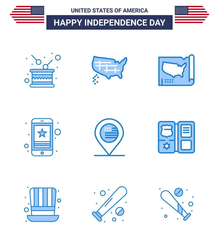 Pack of 9 creative USA Independence Day related Blues of sign location usa american mobile Editable USA Day Vector Design Elements