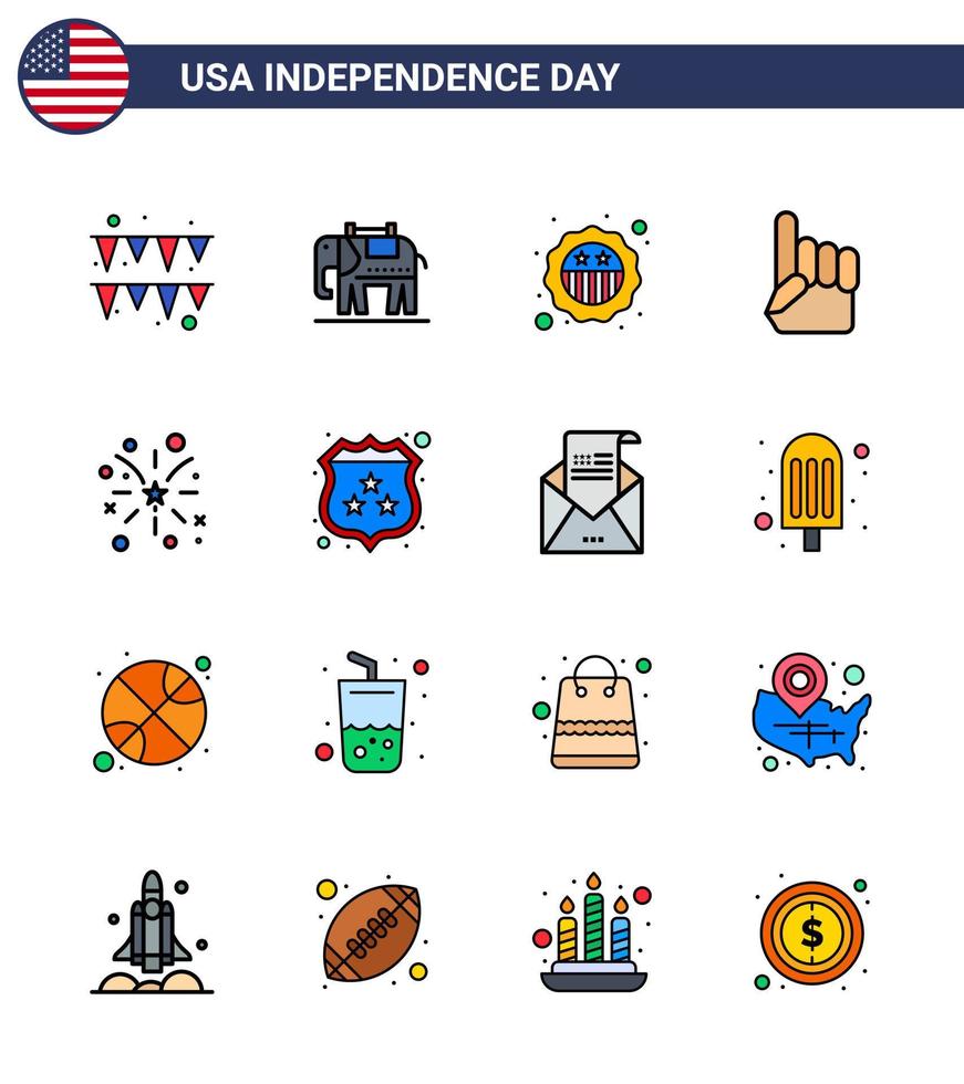 paquete de iconos de vector de stock de día americano 16 signos y símbolos de línea para la insignia de fuego de EE. UU. fuegos artificiales de EE. UU. Elementos de diseño de vector de día de EE.