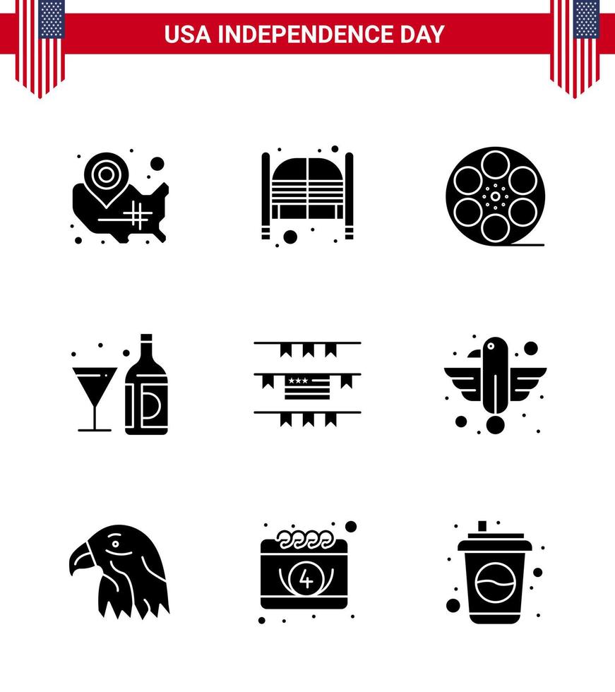 Modern Set of 9 Solid Glyphs and symbols on USA Independence Day such as bottle wine day drink video Editable USA Day Vector Design Elements