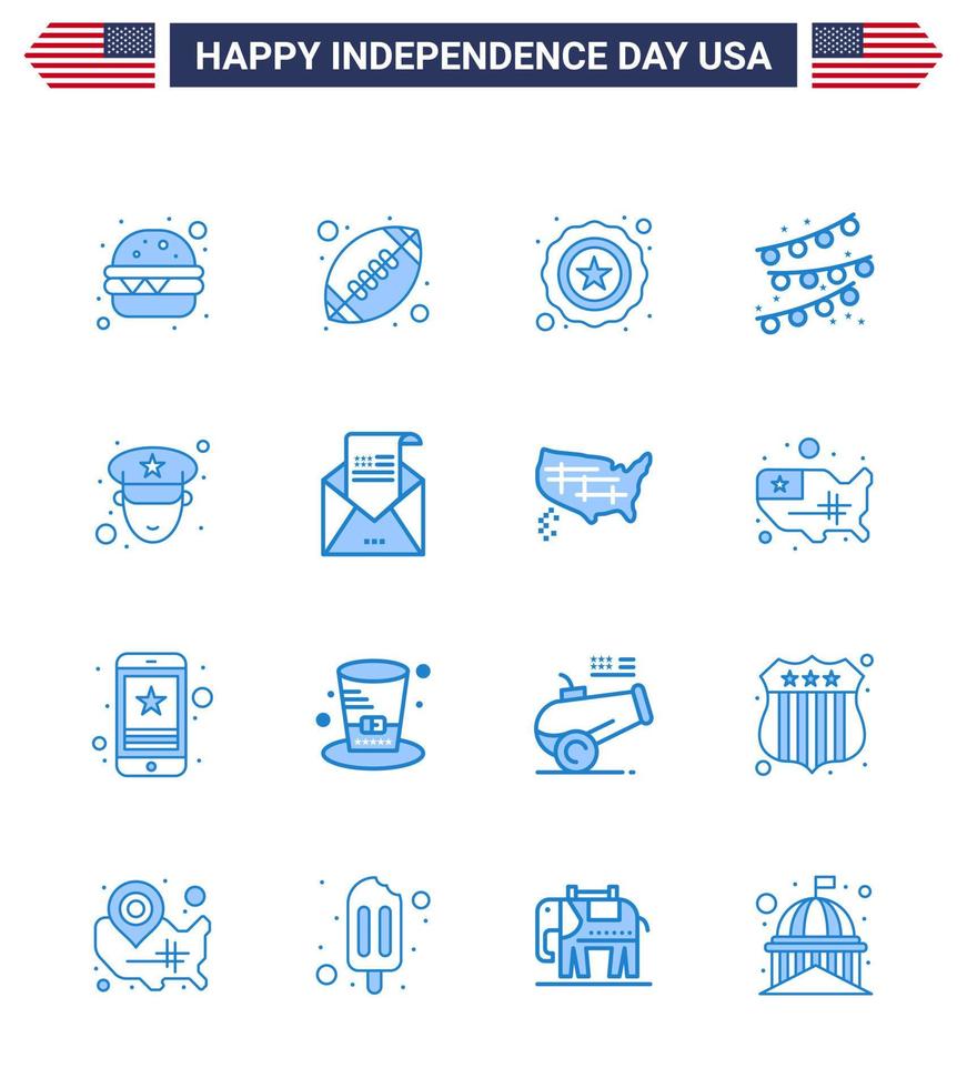 Happy Independence Day 16 Blues Icon Pack for Web and Print envelope police star officer party bulb Editable USA Day Vector Design Elements