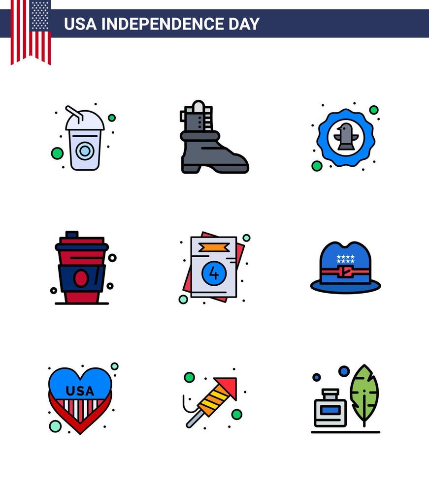 9 USA Flat Filled Line Signs Independence Day Celebration Symbols of love usa bird juice alcohol Editable USA Day Vector Design Elements