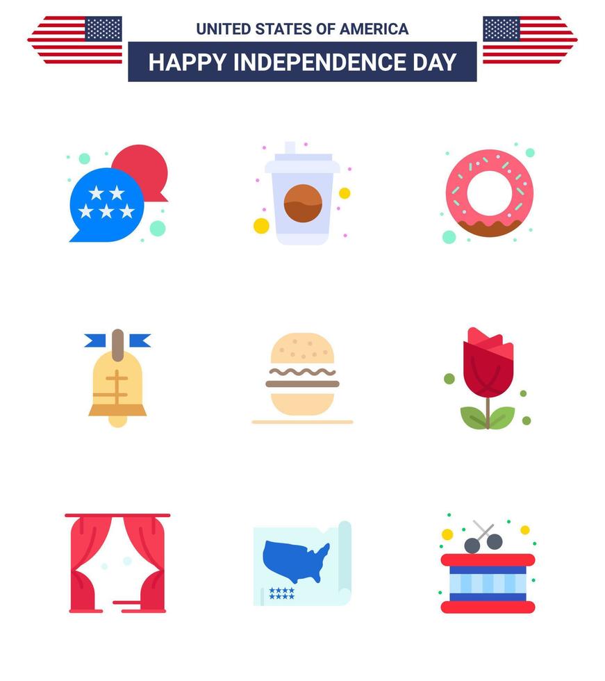 Happy Independence Day 4th July Set of 9 Flats American Pictograph of american burger donut usa ring Editable USA Day Vector Design Elements