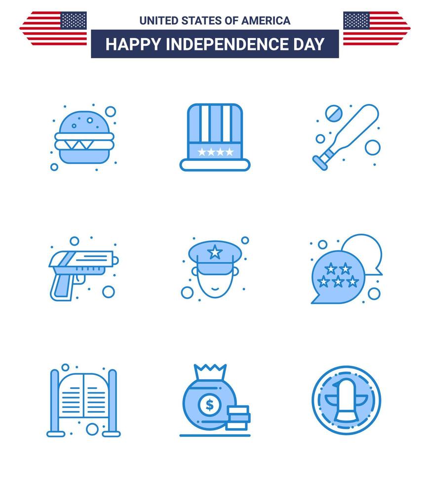 4th July USA Happy Independence Day Icon Symbols Group of 9 Modern Blues of flag officer bat man army Editable USA Day Vector Design Elements