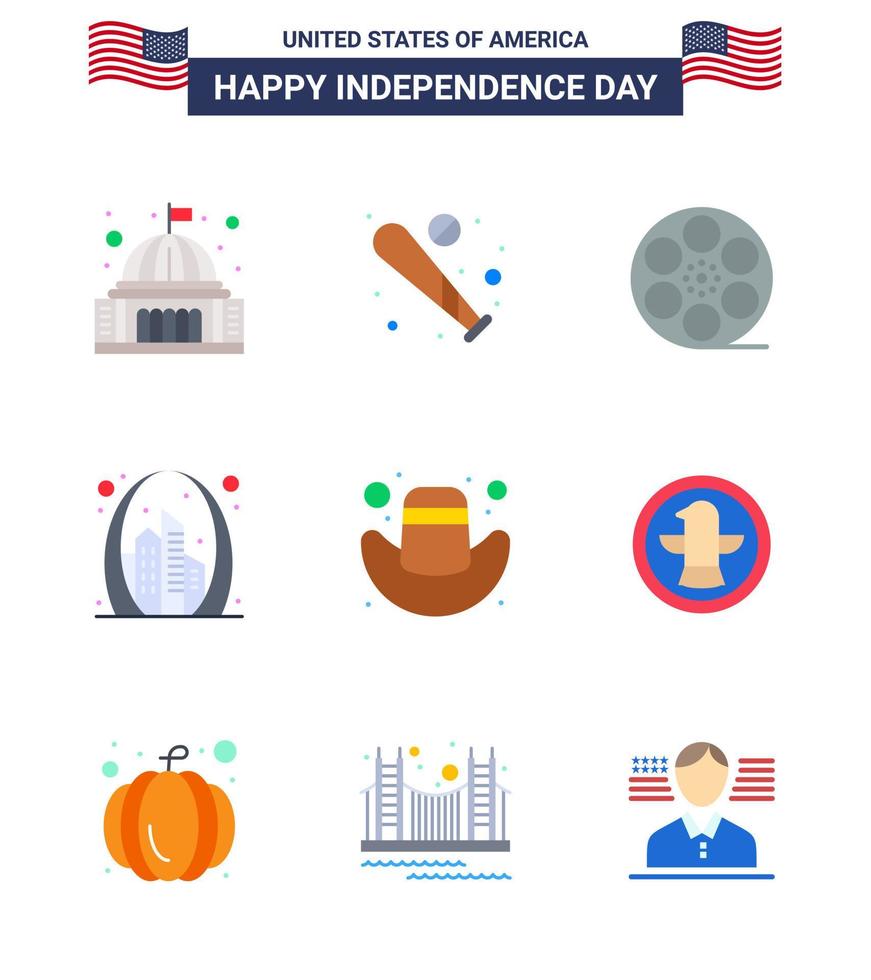 USA Independence Day Flat Set of 9 USA Pictograms of landmark building sports arch video Editable USA Day Vector Design Elements