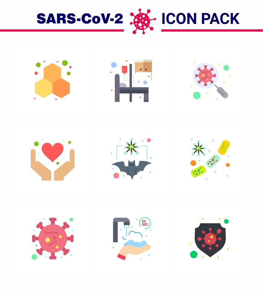 CORONAVIRUS 9 Flat Color Icon set on the theme of Corona epidemic contains icons such as health care hands scan virus care magnifying viral coronavirus 2019nov disease Vector Design Elements