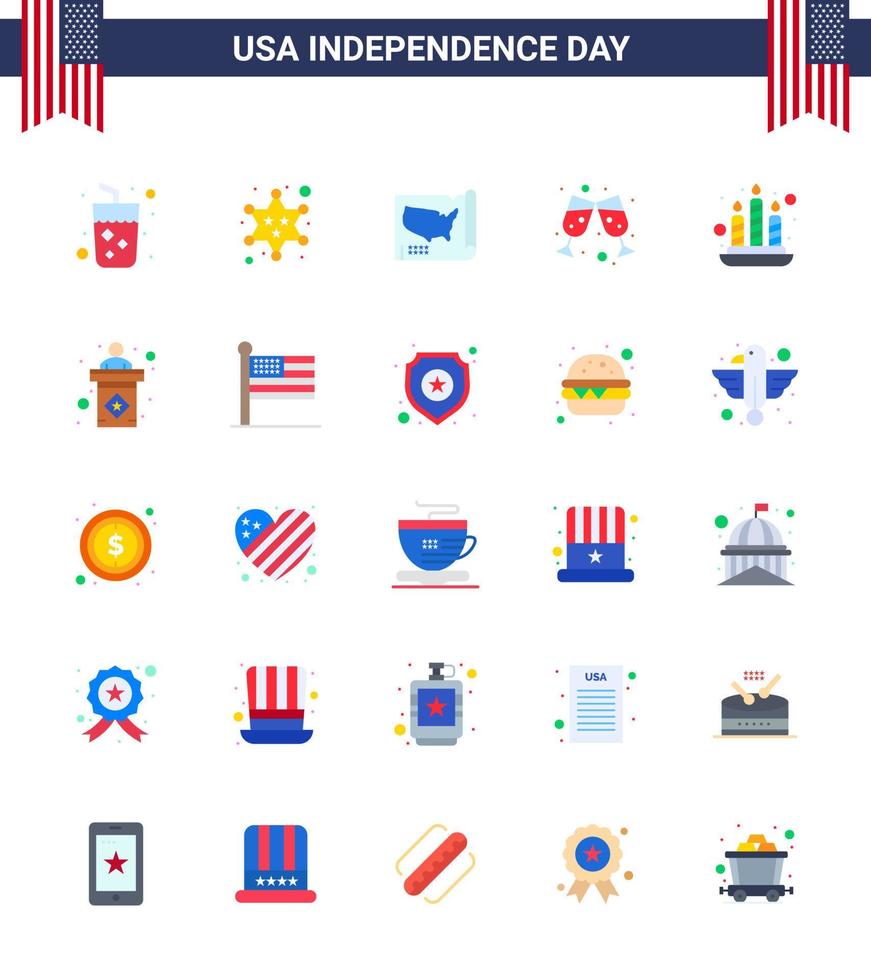 USA Happy Independence DayPictogram Set of 25 Simple Flats of light candle map wine glass beer Editable USA Day Vector Design Elements