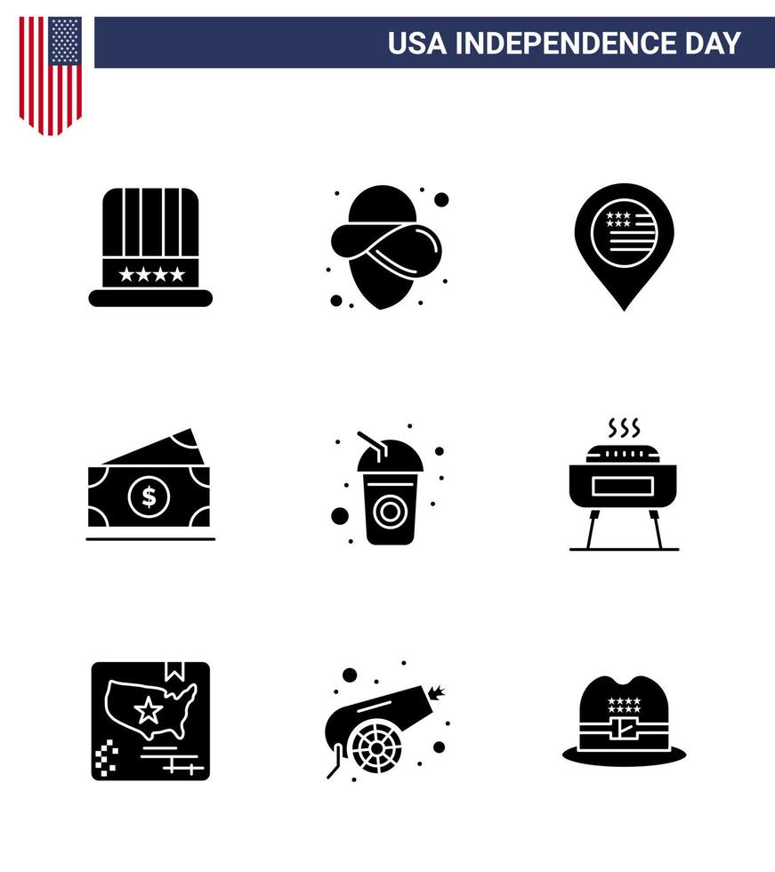 Stock Vector Icon Pack of American Day 9 Line Signs and Symbols for drink bottle location usa money Editable USA Day Vector Design Elements