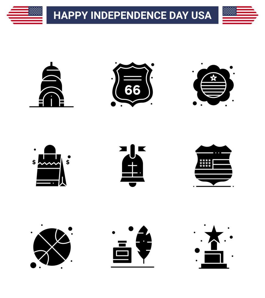 USA Happy Independence DayPictogram Set of 9 Simple Solid Glyphs of american ball flag american handbag Editable USA Day Vector Design Elements