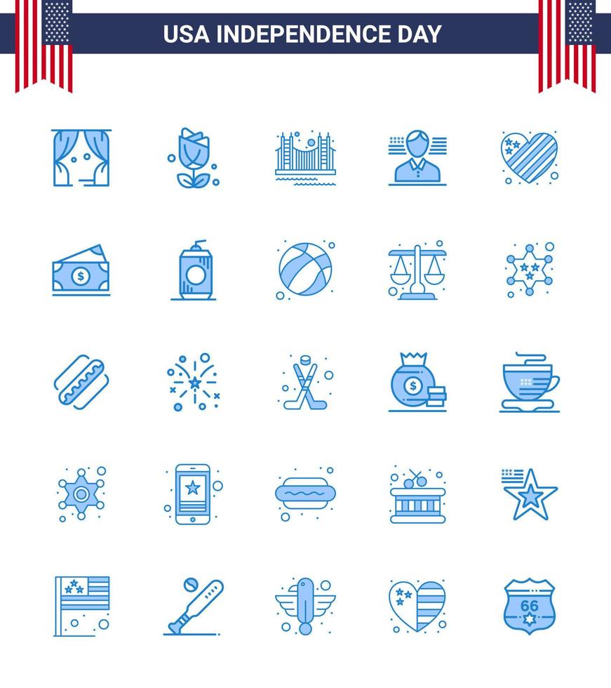 Happy Independence Day 25 Blues Icon Pack for Web and Print american american bridge man tourism Editable USA Day Vector Design Elements