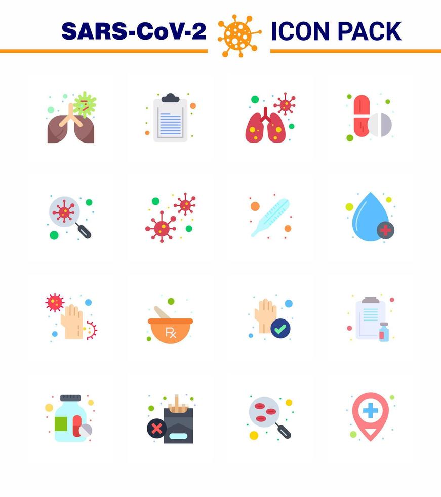 16 Flat Color Set of corona virus epidemic icons such as scan find infedted bacteria tablets viral coronavirus 2019nov disease Vector Design Elements