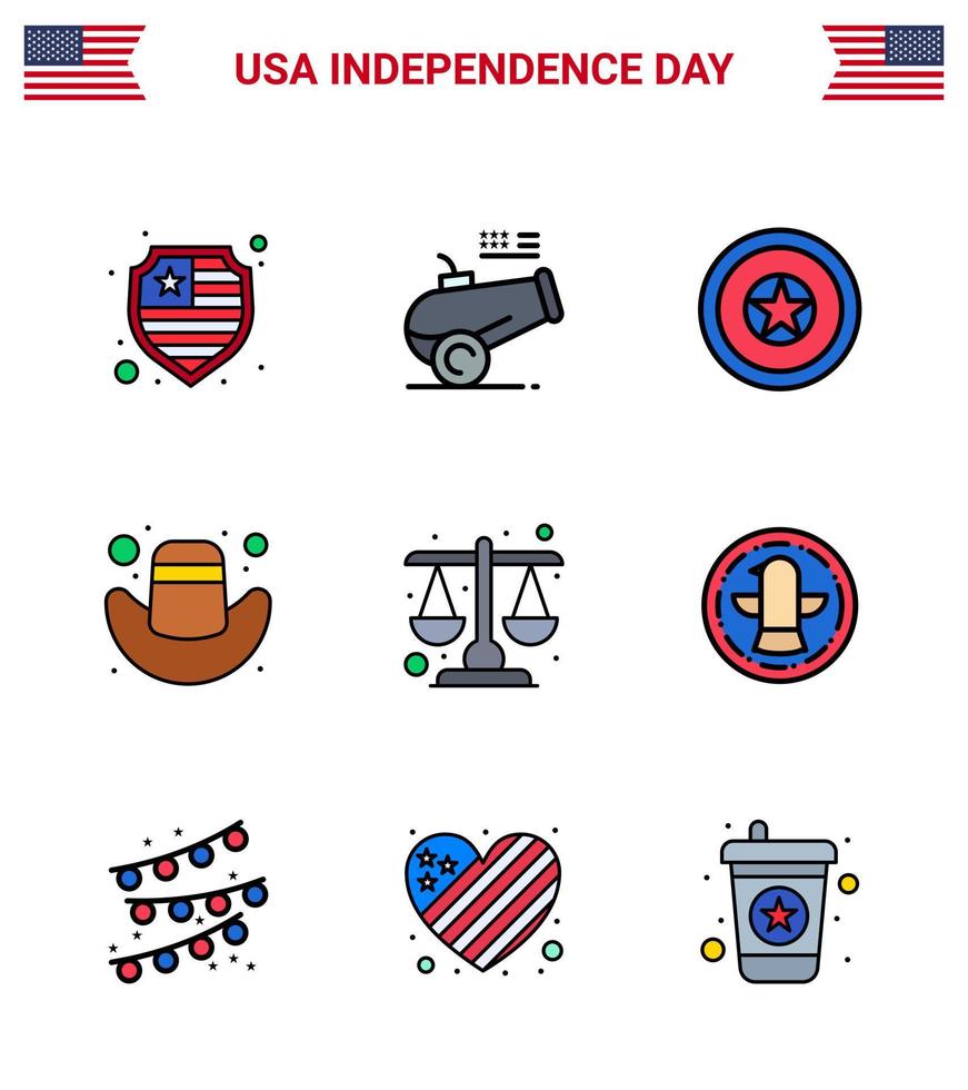 9 iconos creativos de ee.uu. signos de independencia modernos y símbolos del 4 de julio de justicia de escala tapa de corte independiente elementos de diseño de vector de día de ee.uu. editables