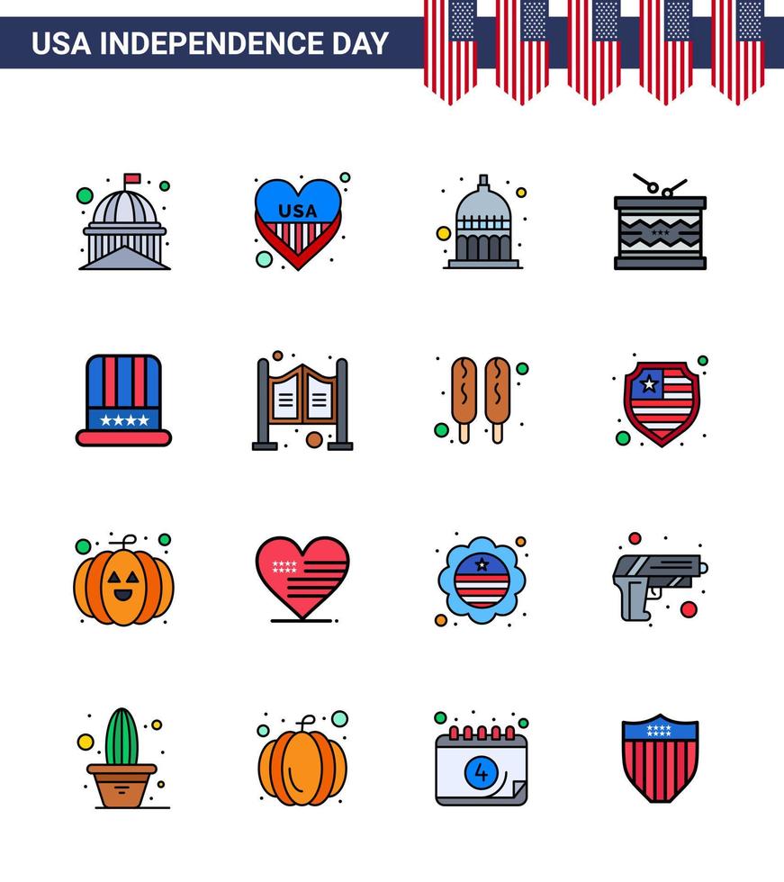 feliz día de la independencia 4 de julio conjunto de 16 líneas planas llenas pictografía americana de st irish usa instrument usa editable usa day elementos de diseño vectorial vector