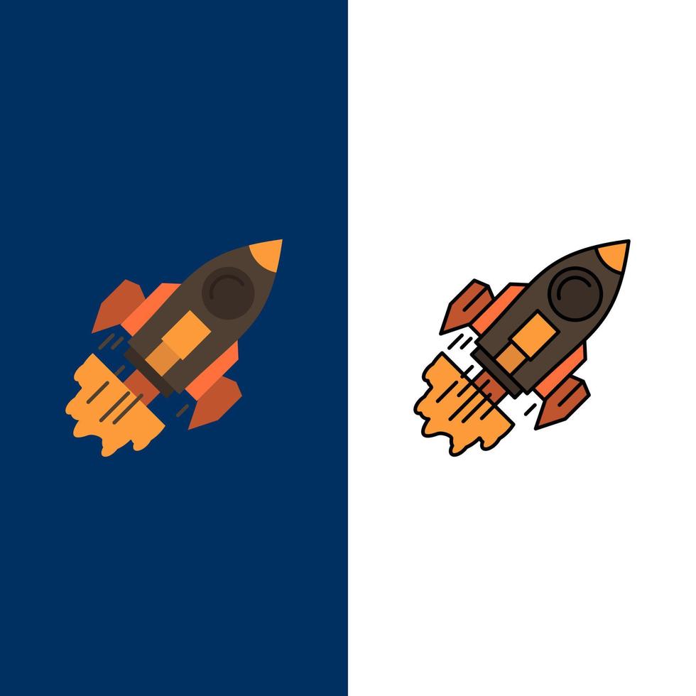 inicio negocio objetivo lanzamiento misión nave espacial iconos planos y llenos de línea conjunto de iconos vector fondo azul