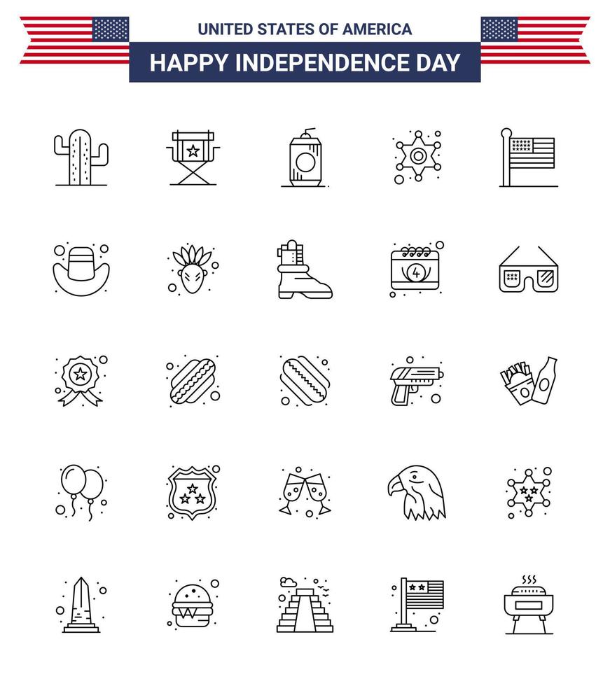 25 USA Line Signs Independence Day Celebration Symbols of flag star television police usa Editable USA Day Vector Design Elements