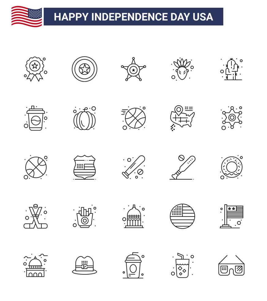 Happy Independence Day Pack of 25 Lines Signs and Symbols for drink bottle american desert flower Editable USA Day Vector Design Elements