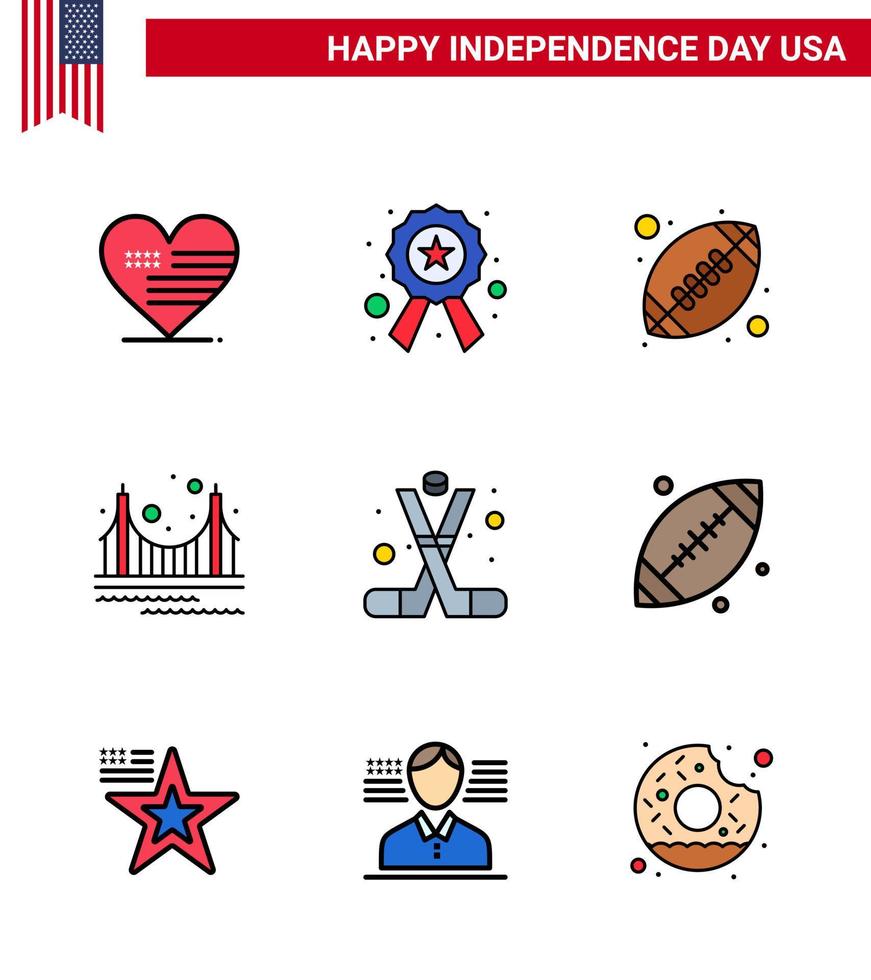 Pack of 9 USA Independence Day Celebration Flat Filled Lines Signs and 4th July Symbols such as hockey landmark ball golden bridge Editable USA Day Vector Design Elements