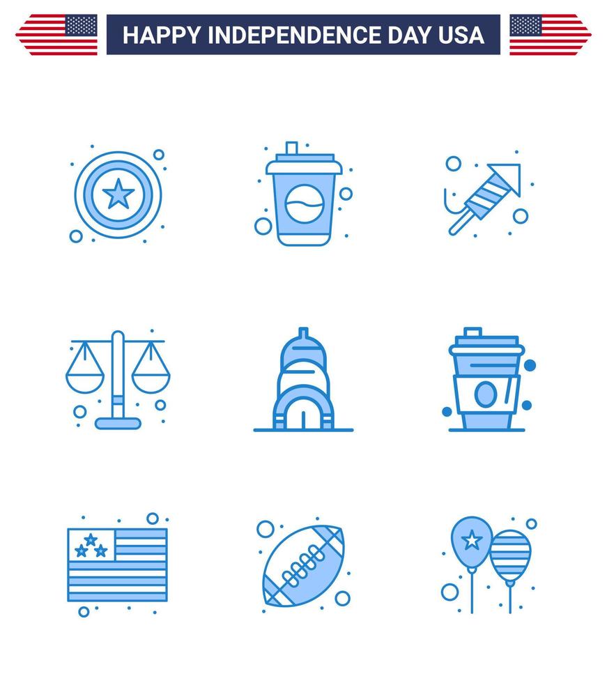 4th July USA Happy Independence Day Icon Symbols Group of 9 Modern Blues of usa chrysler religion scale justice Editable USA Day Vector Design Elements