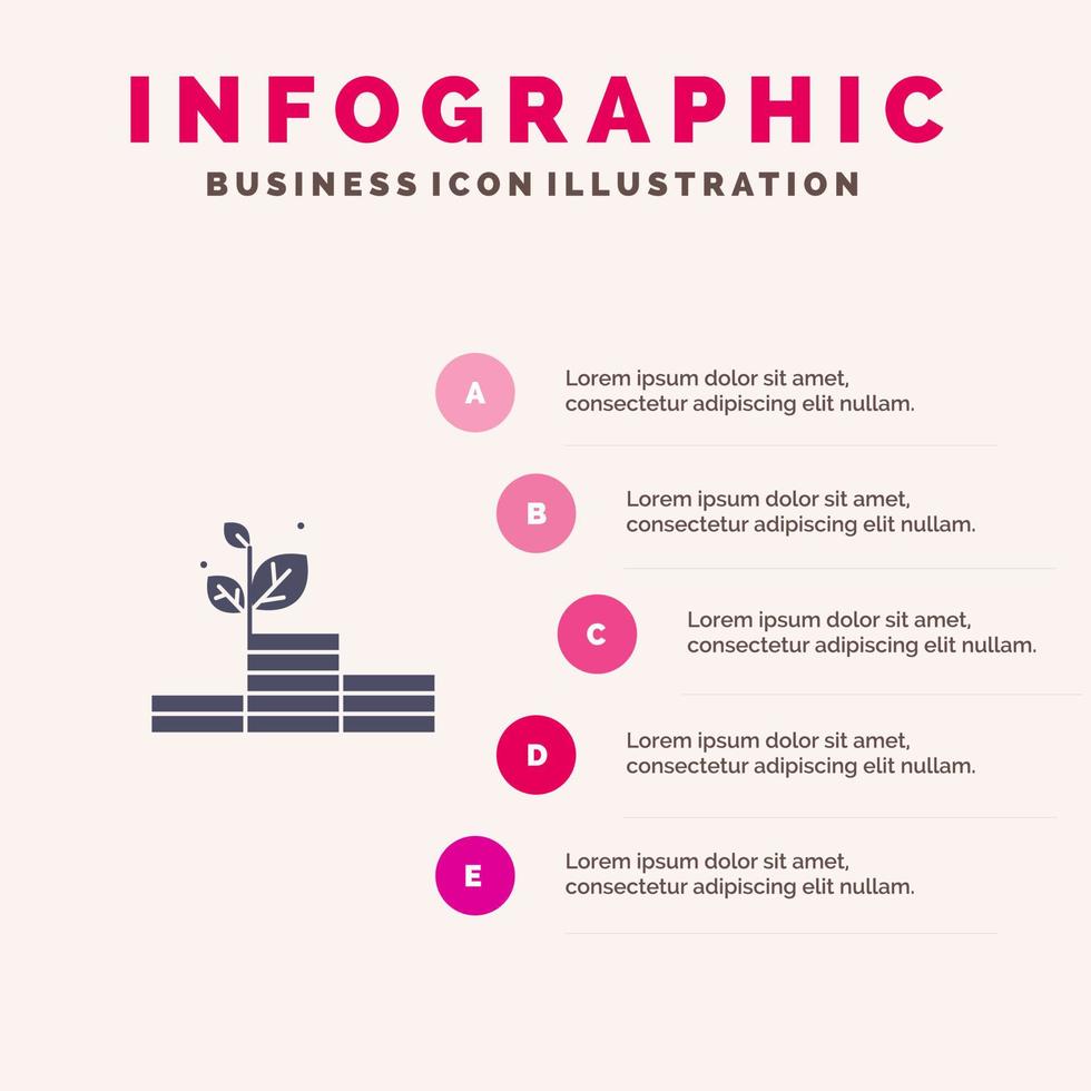 crecer crecimiento dinero éxito sólido icono infografía 5 pasos presentación antecedentes vector