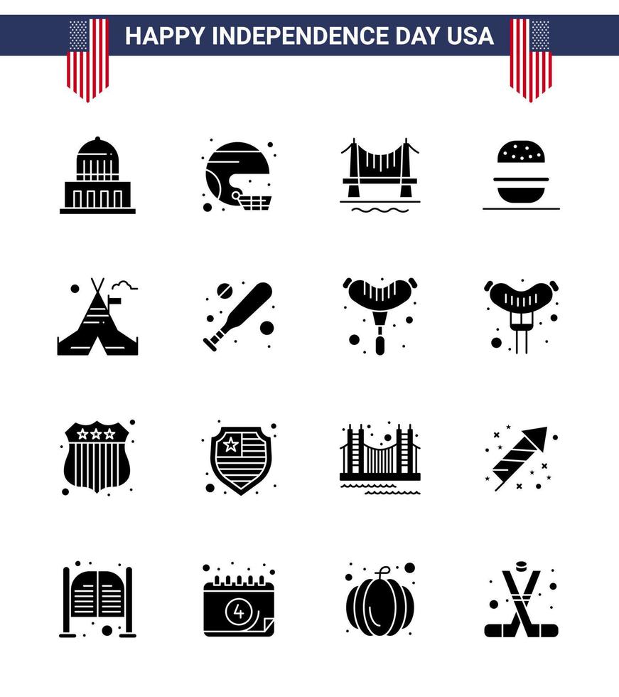 USA Independence Day Solid Glyph Set of 16 USA Pictograms of usa eat state burger city Editable USA Day Vector Design Elements