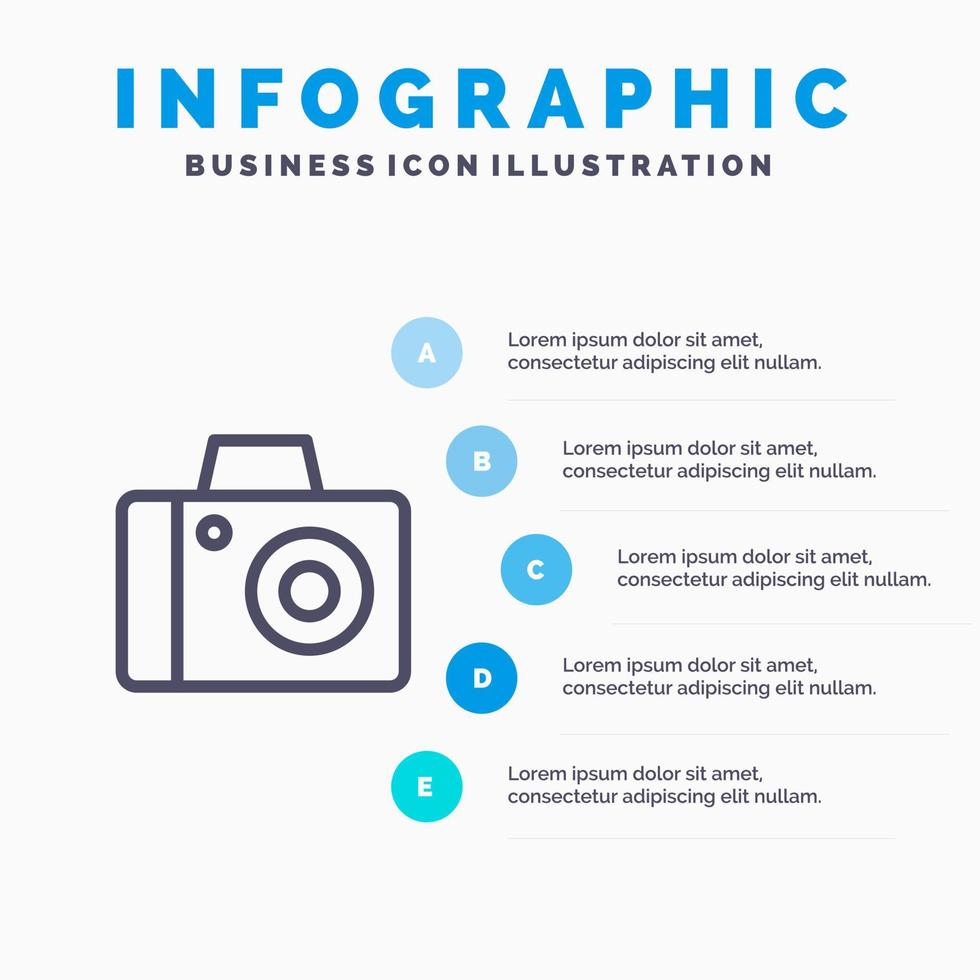 icono de línea de estudio fotográfico de cámara con fondo de infografía de presentación de 5 pasos vector