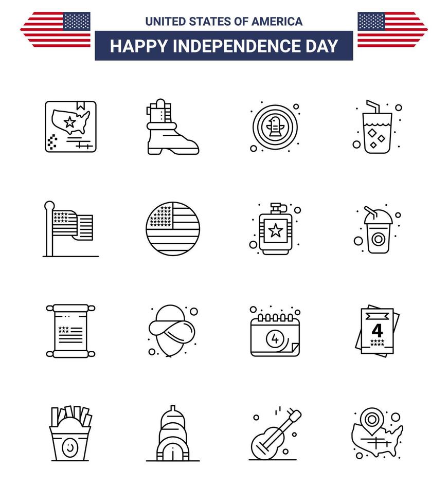 Pack of 16 USA Independence Day Celebration Lines Signs and 4th July Symbols such as flag wine bird juice alcohol Editable USA Day Vector Design Elements