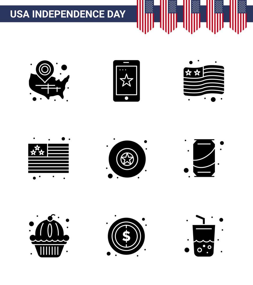 feliz día de la independencia 9 paquete de iconos de glifos sólidos para web e imprimir cerveza gaseosa irlanda insignia de estrella editable elementos de diseño vectorial del día de estados unidos vector