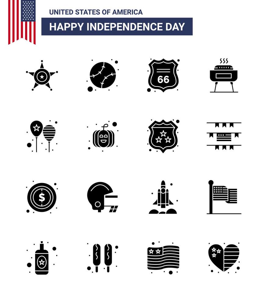 16 Solid Glyph Signs for USA Independence Day celebrate holiday security festivity barbeque Editable USA Day Vector Design Elements