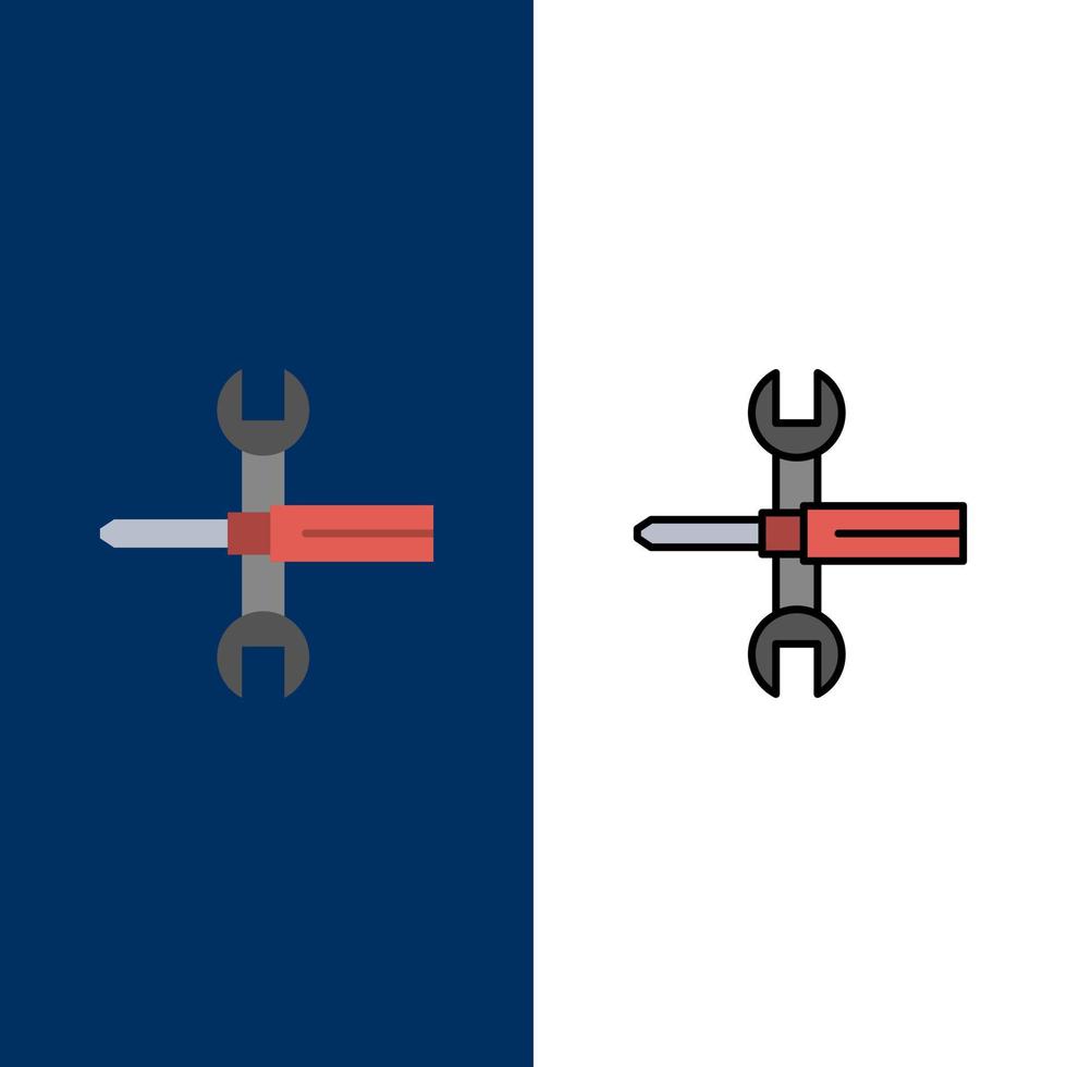 Settings Controls Screwdriver Spanner Tools Wrench  Icons Flat and Line Filled Icon Set Vector Blue Background