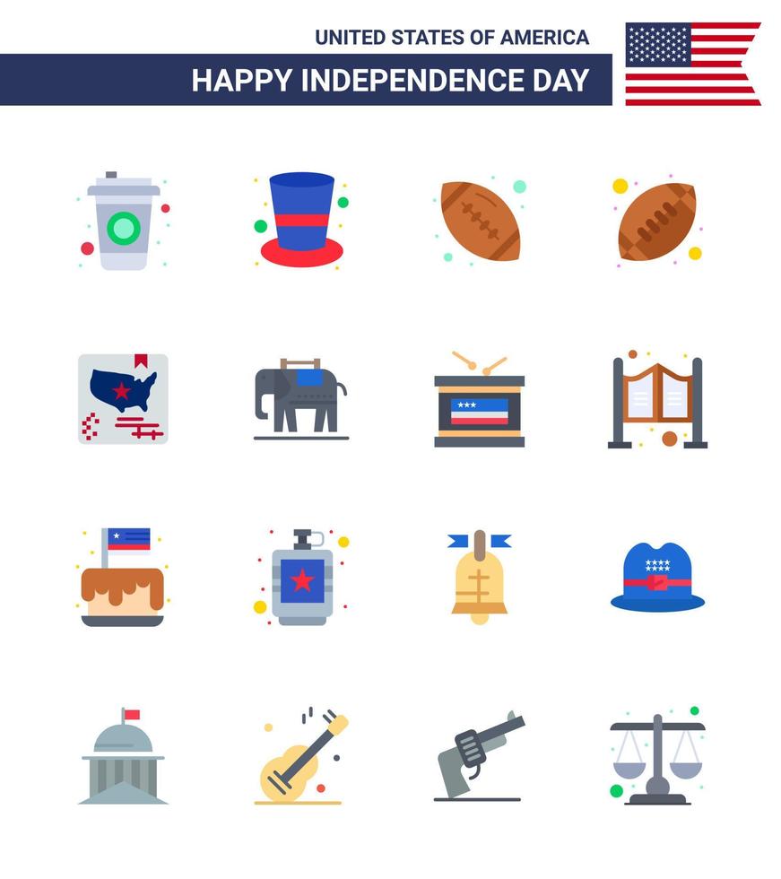 USA Happy Independence DayPictogram Set of 16 Simple Flats of usa elephent rugby world flag Editable USA Day Vector Design Elements