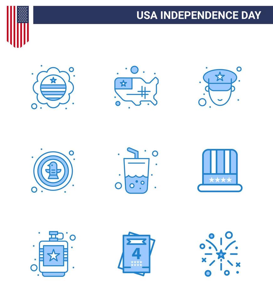 conjunto de 9 azules vectoriales el 4 de julio, día de la independencia de estados unidos, como insignia de bebida, hombre, águila, pájaro, elementos de diseño vectorial editables del día de estados unidos vector