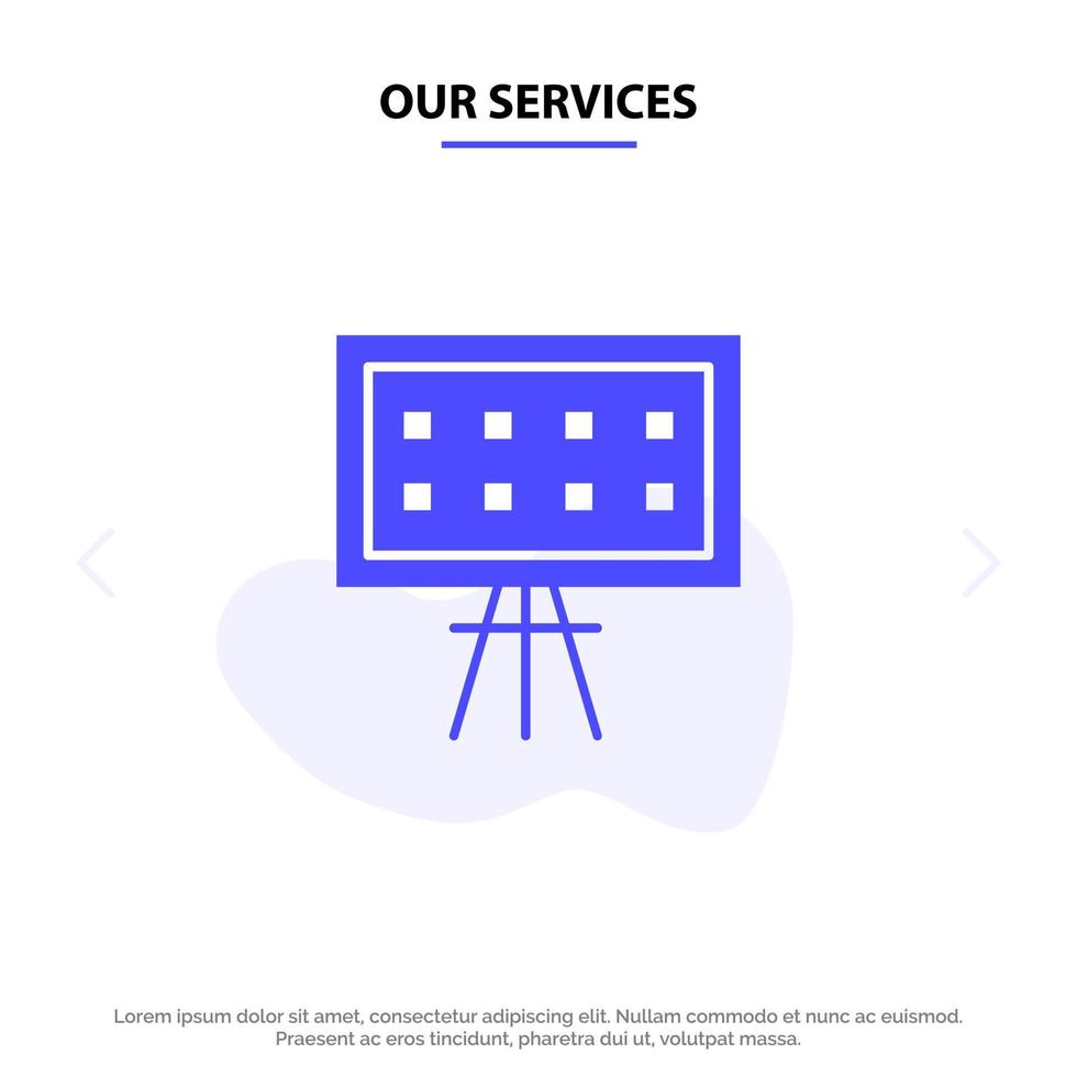 Our Services Alphabet Board Education Presentation Solid Glyph Icon Web card Template vector